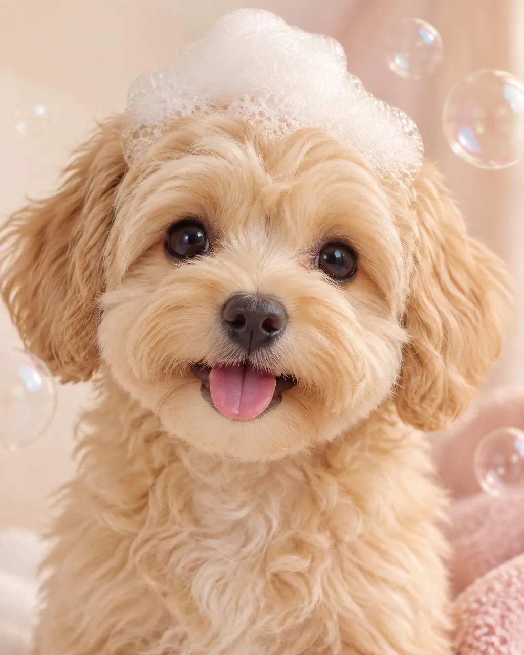Een lichte puppy met een klein hoopje shampooschuim op zijn kop, die ontspannen in de camera kijkt